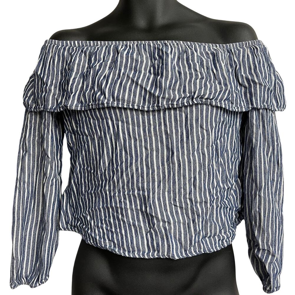Mossimo Peasant Blouse S Blue White Striped Long Sleeve Off Shoulders Coquette